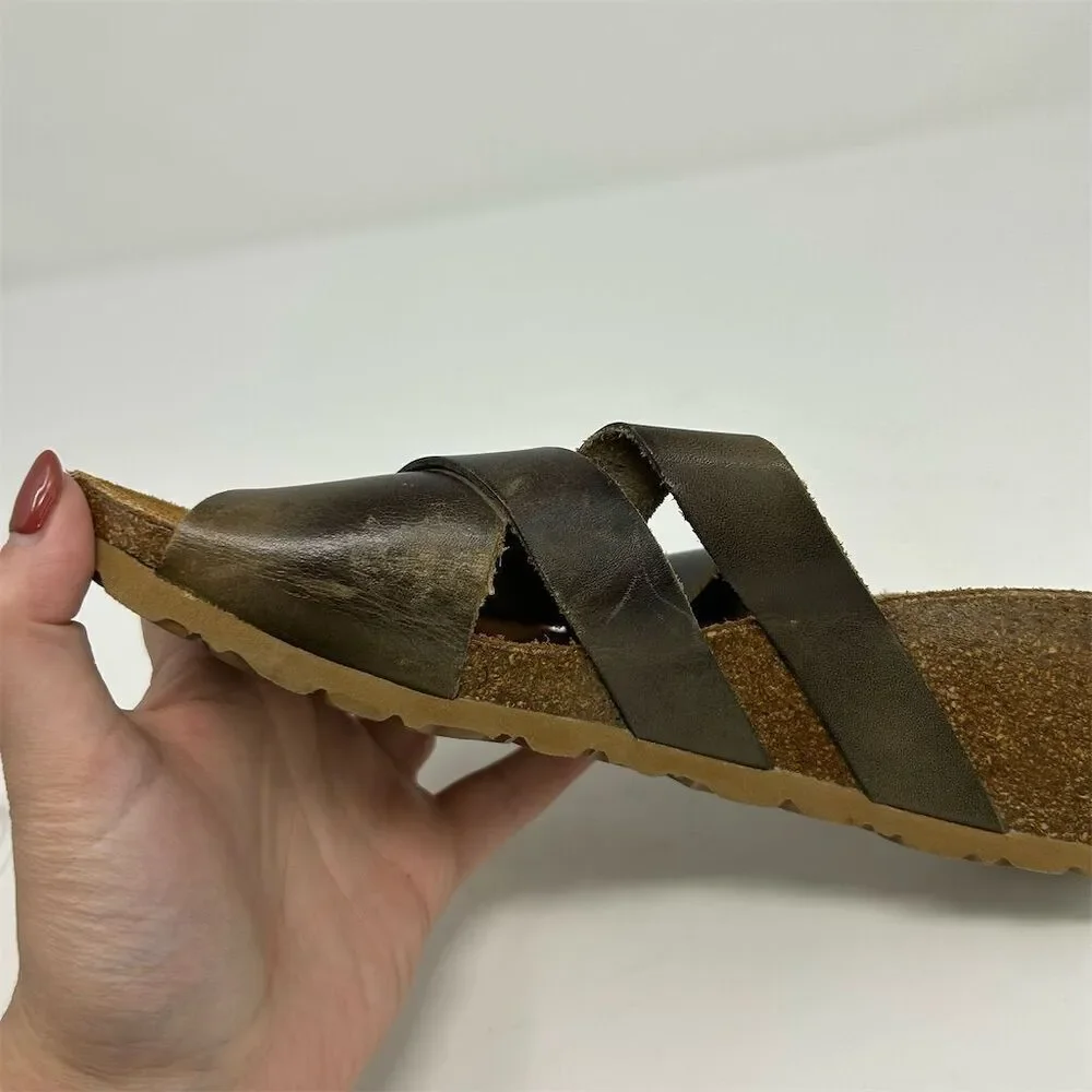 Yokono Women's Brown Leather Slip-On Wedge Sandals Size 9 Comfort Summer